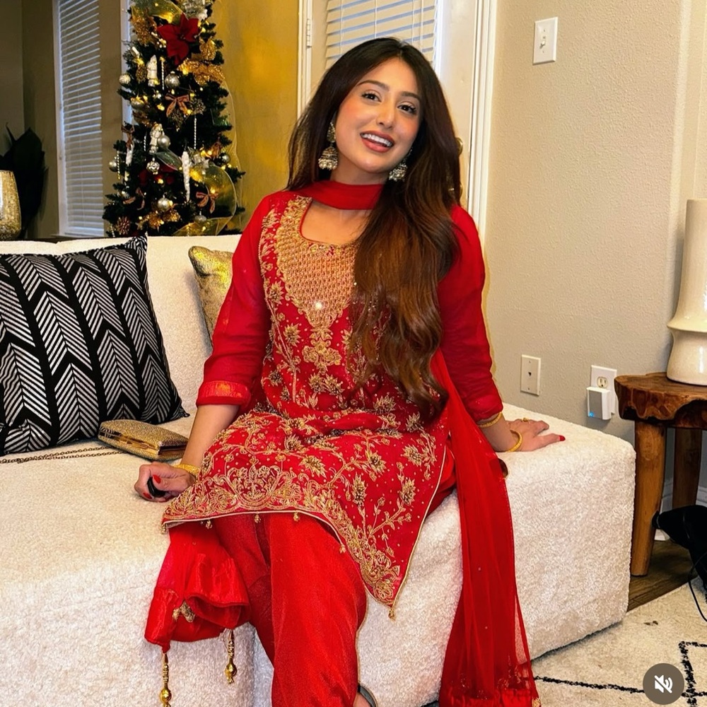 Red Embroidered Traditional Pakistani Indian SouthAsian Full Sleeve Dress Outfit